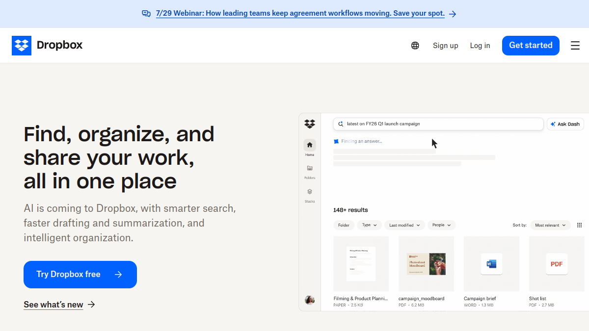 Dropbox website overview